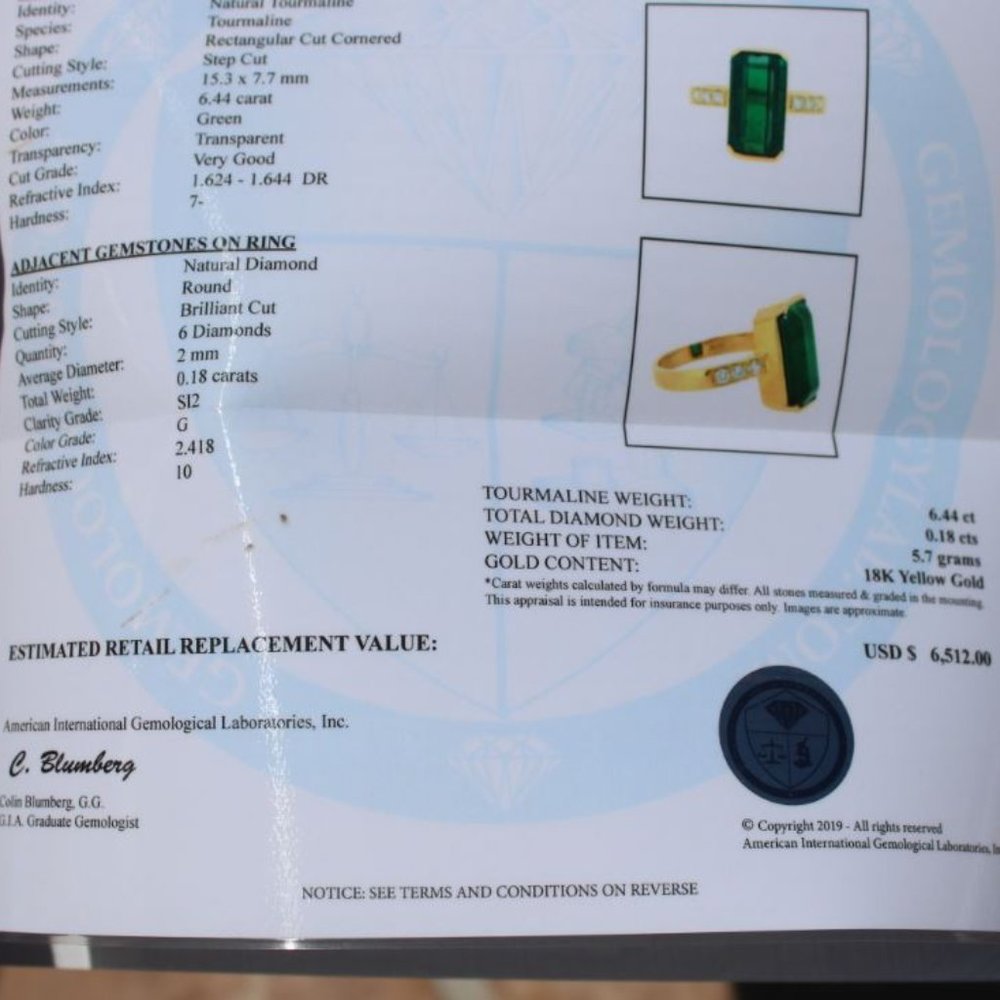 Certified Green Tourmaline 6.44ct Diamonds 18K Rng - Picture 7 of 9